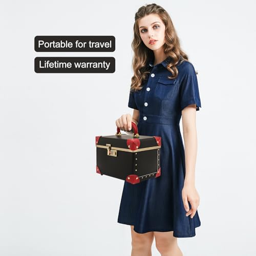 urecity Vintage Makeup Train Case, Black Artificial Leather with Red Trim, Professional Cosmetic Organizer with Metal Combination Lock, Multi-Layer Storage Box