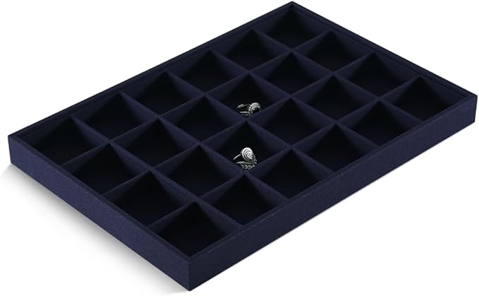 Linen 24 Grid Stackable Rings Earrings Display Tray, Brooch Ear Stud Cufflinks StorageTray, Jeweler Shop Counter Showcase Table Top Organizers, Makeup Table Drawer Insert Jewelry Tray