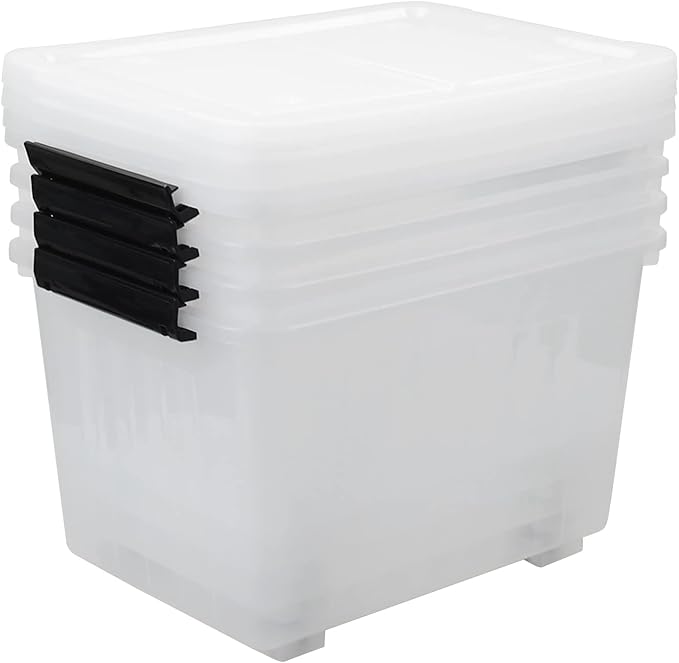 4-Pack Clear Large Plastic Storage Box with Wheels, 70 L Latching Storage Box