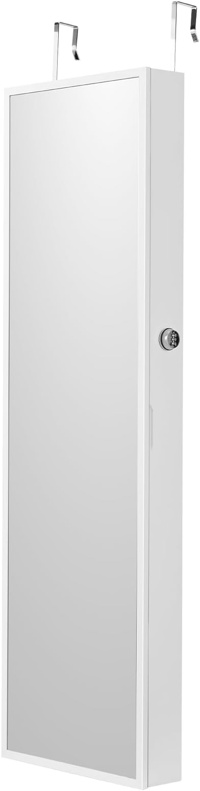 VEVOR Mirror Jewelry Cabinet, 47.2-Inch Tall Lockable Jewelry Armoire with Full-Length Mirror, Wall/Door Mounted Organizer with LED Lights and Velvet Lining, White