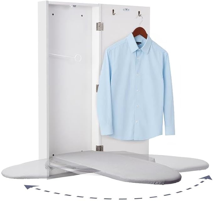 Ivation Wall-Mounted Swivel Ironing Board Cabinet, Foldable Ironing Storage Station for Home, Apartment, Easy-Release Lever, Garment Hooks, White