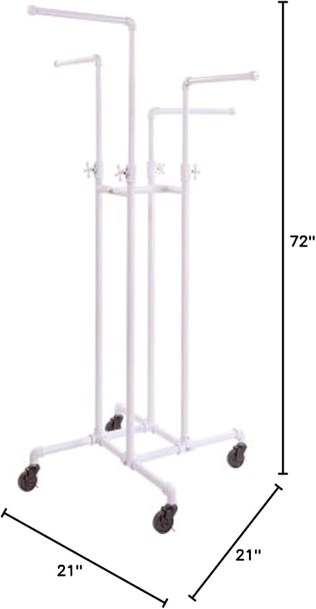 Econoco Pipeline Four Way Boutique Garment Rack, Adjustable Height, Clothing Display Rack for Retail Stores, Gloss White Finish