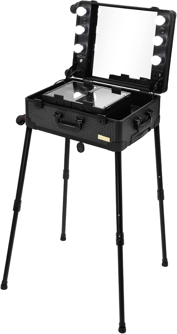 Aluminum Trolley Makeup Train Case with LED Lights Professional Cosmetic Organizer Studio with Speaker, Wheels and Stands Rolling Lighted Makeup Vanity Station for Travel (Black)
