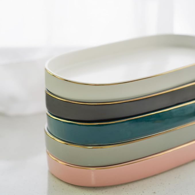 10x5 Bathroom Vanity Tray, Oval Ceramic Decorative Perfume Candle Tray for Bathroom/Kitchen Counter, Black