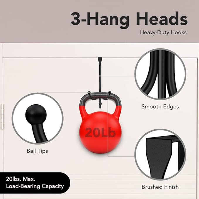 2-Pack Over The Door Hook - with 3 Hang Heads & Snug Fit Pads- 2Pcs Heavy Duty Hooks for Hanging Coats, Towels, Caps & Robes - Elegant Matt Finish - No Drill Hanger Organizer - Black