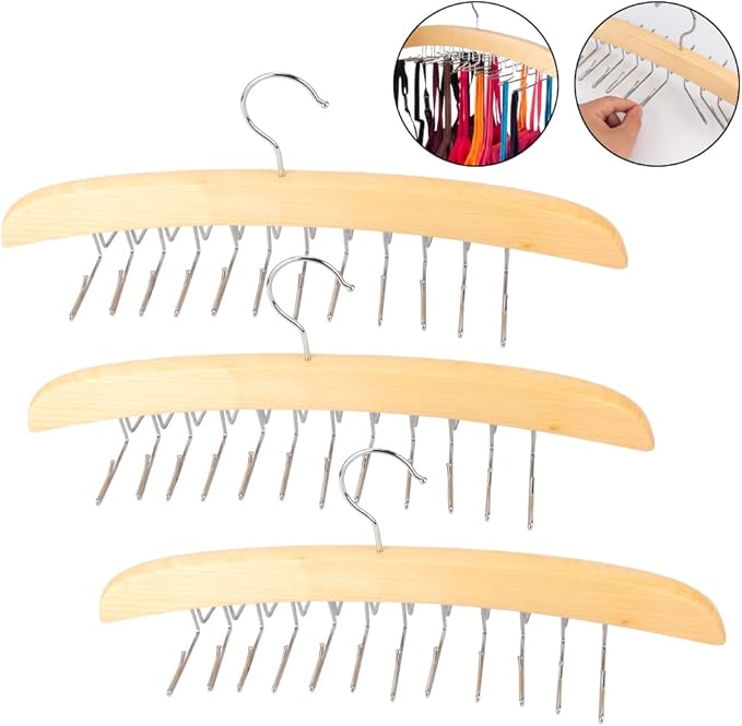 3 Pack Tank Top & Bra Hanger, Tie & Belt Hanger with Natural Wood, 24 Space Saving, 360 Rotating, Foldable Metal Hooks, Closet Organizer and Storage Rack for Tank Tops/Bras/Ties/Belts