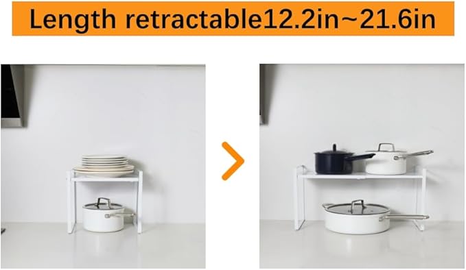 2 Pack Expandable Cabinet Shelf Organizer Riser for Kitchen Pantry Cupboard Under Sink Countertop (2 Pack 8.2’’D * 12.2-21.6’’W * 10.4’’H) (White)