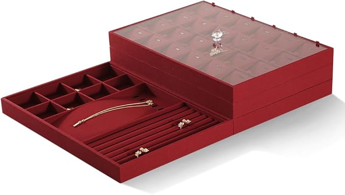 Linen Stackable Multifunctional jewelry Display Tray, Ring Earring Bracelet Necklace Storage Tray, Jewellery Shop Counter Showcase Table Top Organizers, Makeup Table Drawer Insert Jewelry Tray