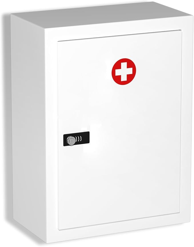 Wall-Mount Locking Medicine Cabinet: Large Metal Storage Organizer Box with Combination & Key Lock - First Aid Medicine Cabinet 3-Compartment Design for Bathroom Home (15.75" H x 11.82" W x 4.72" D)
