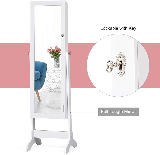 Giantex Lockable Standing Jewelry Armoire with Full Length Mirror, Large Storage Capacity Jewelry Cabinet Organizer with 2 Drawers, 4 Angle Adjustable, Extra Wide Mirror for Women Girls (White)