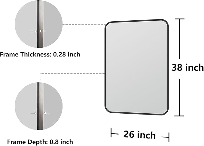 Koonmi Bathroom Mirror, 26X38 Brushed Black Rectangle Wall Mirror, HD Tempered Glass, Anti-Rust Frame Vanity Mirror, Rounded Rectangle Mirror for Restroom, Bedroom, Hangs Horizontal or Vertical