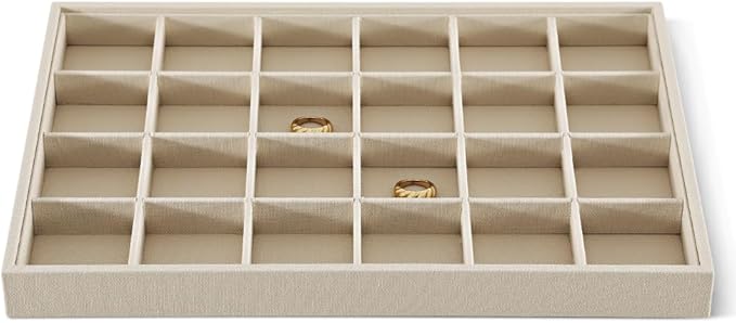 Linen 24 Grid Stackable Rings Earrings Display Tray, Brooch Ear Stud Cufflinks StorageTray, Jeweler Shop Counter Showcase Table Top Organizers, Makeup Table Drawer Insert Jewelry Tray