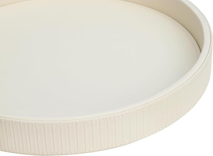 HofferRuffer Round Decorative Tray, Faux Leather Vanity Tray Decor, Decorative Catchall for Perfume, Bathroom Valet, Nightstand or Dresser (Creamwhite Stripe, Round-12" x 12" x 1.6")