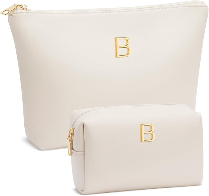 Valentine's Day Gifts for Women Girlfriend Initial Makeup Bag for Teen Girls Personalized Gifts for Friend Teacher Mom Wife Cosmetic Travel Toiletry Bag(Beige,B)