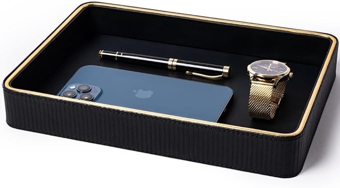 ZHEM Leather Catchall Valet Tray for Men| Mens Valet Catch All Trays| Bedside Organizer for Nightstand| Cologne Tray for Men| Desk Trays (Black)