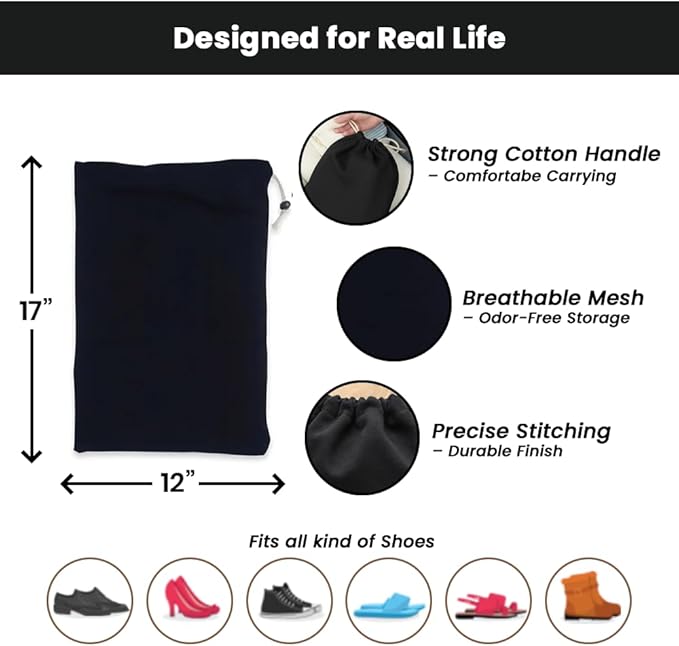 LFH Cotton Shoe Storage Bags with Drawstring, Dustproof Breathable Reusable Organizer, Perfect For Travel, Dorm, Hotel, College, Gym, Easy to Carry, Machine Washable 12"x17" (Pack of 2) - Black sand