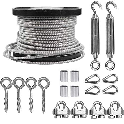 TooTaci 3/16 Wire Rope Kit, 100ft Vinyl Coated Stainless Steel Cable(1/8 Steel Core Overmolded to 3/16 Coated Cable), M6 Turnbuckles for Cables Wire, String Light Hanging, Clothesline, Shade Sail
