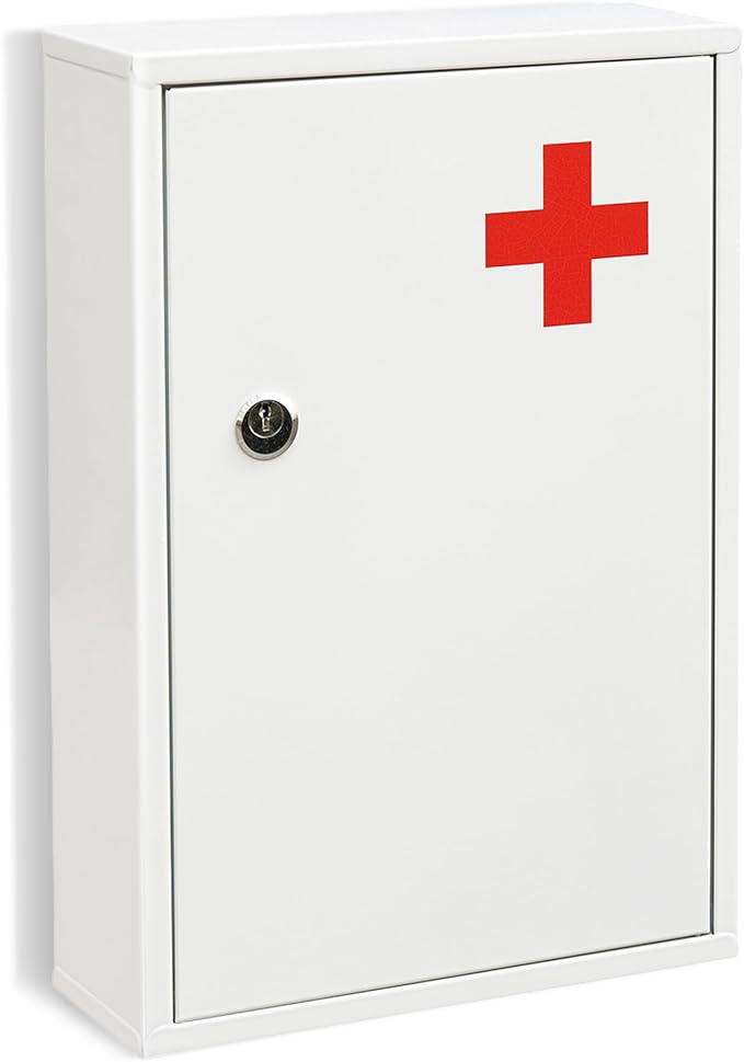 Wall Mount Locking Medicine Cabinet Organizer, Medicine Lock Box with Key, First Aid Box Empty Wall Cabinet, Secure Steel Medication Box