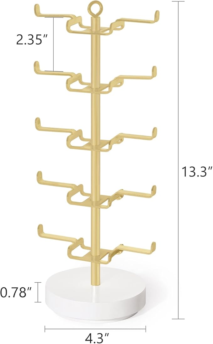 Mkono 360° Rotating Sunglasses Organizer Metal Eyeglass Holder Stand Sunglass Storage Display Eyeglasses Rack for up to 10 Pairs of Eyewear Glasses for Table Dresser Desk Countertop Bedroom, Gold