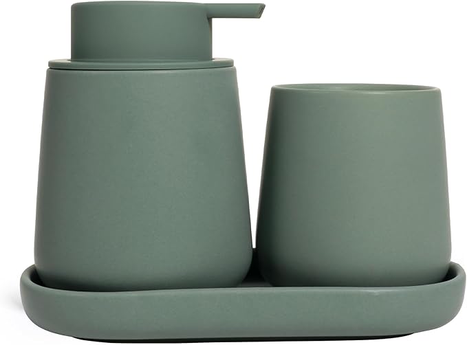 INGOFIN 3 Pcs Ceramic Bathroom Accessory Set - Liquid Soap Dispenser, Toothbrush Holder & Tray, Bathroom Counter Set, Countertop Essentials for Home, Guest Bathroom, or Office Use, Matte Green