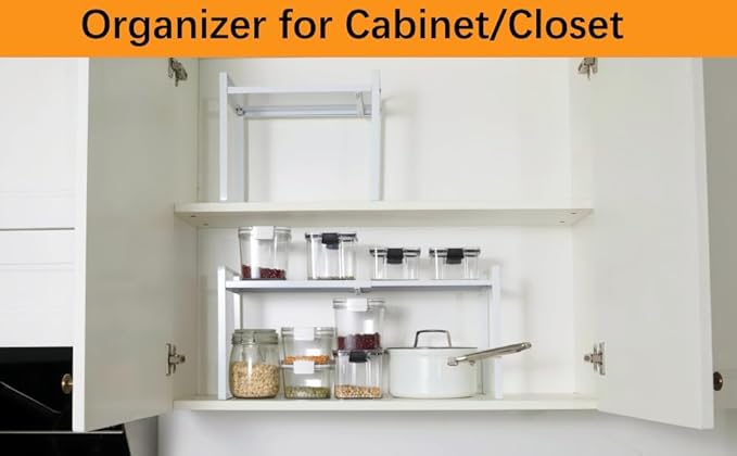 2 Pack Expandable Cabinet Shelf Organizer Riser for Kitchen Pantry Cupboard Under Sink Countertop (2 Pack 8.2’’D * 12.2-21.6’’W * 10.4’’H) (White)