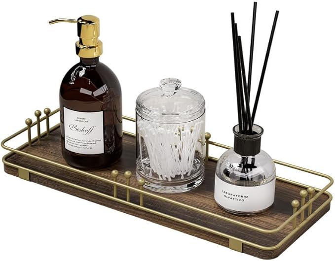 Bathroom Vanity Tray for Countertop Toiletries Perfume Makeup Soap Dispenser Toilet Tank, Kitchen Tray for Salt Spice, Decor Tray for Candle Nightstand Coffee 11.3”x 4.4” Brown-Gold