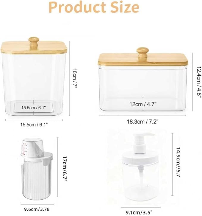 4+2-Piece Laundry Storage box: Includes transparent laundry pod storage box (with wooden lid and label) and liquid detergent container. Suitable for fabric softener, powder detergent, and laundry pods