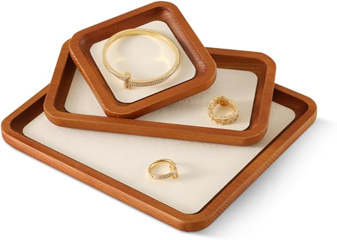 Wooden Jewelry Display Tray Rounded Rectangle Ring Showcase Stackable Elegant Bracelet Watch Jewelry Organizer for Personal Use and Commerce (Old Lace, Medium-W 3.9'' x H 0.6'' x L 7'')