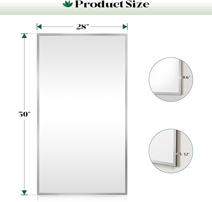 Beveled Bathroom Mirror, 28"x50" Frameless Mirror for Wall, Bathroom Vanity Mirrors for Gym, Entryway, Living Room Hangs Horizontally or Vertically