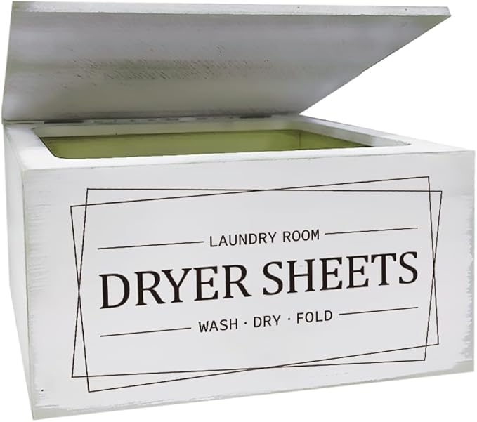 SUPERDANT Dryer Sheets Holder with Lid Rustic Dryer Sheet Dispenser Laundry Room Lettering Dryer Ball Pods Container Vintage Laundry Fabric Softener Dispenser Box for Laundry Room Organizer White