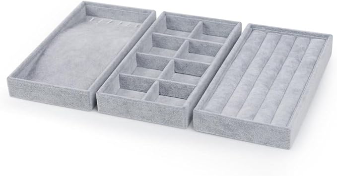Oirlv Velvet Drawer Jewelry Organizer Tray 4 in 1 Stackable Necklace Ring Jewelry Organizer Trays (Multifunction,14x9.5inch)
