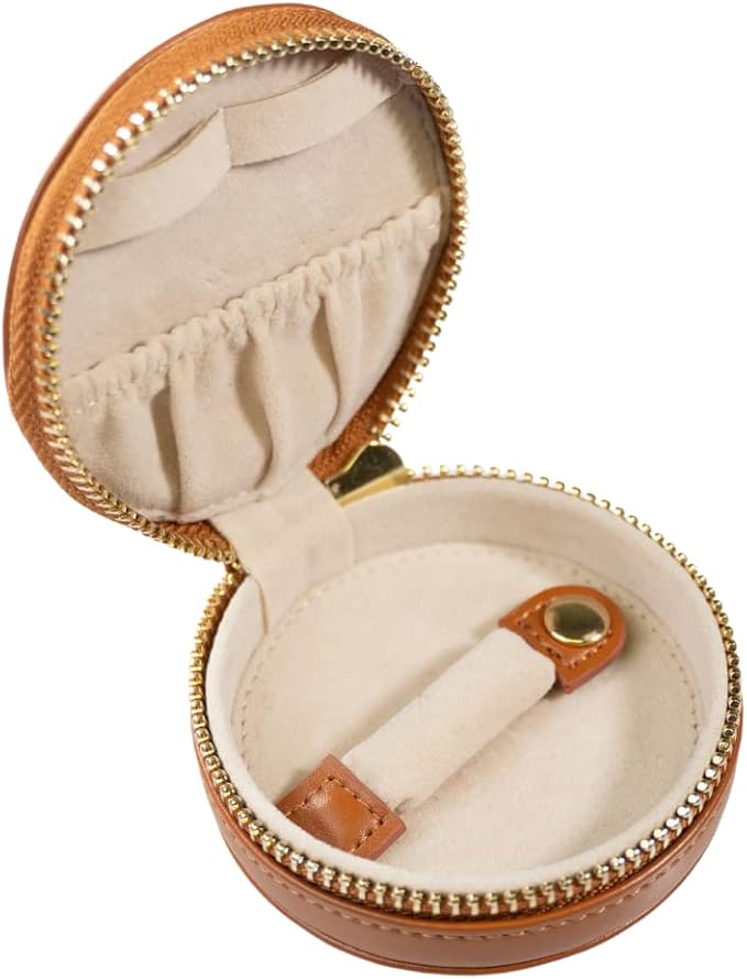 Everyday Genuine Cow Leather Zip Around Mini Travel Jewelry Box Organizer with Zipper Closure (Saddle Brown)
