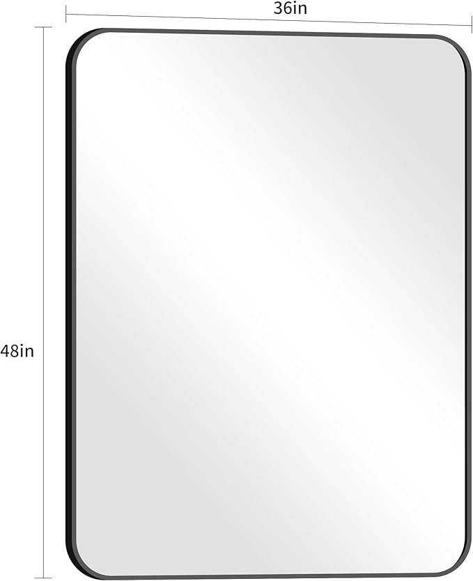 FORBATH Large Bathroom Mirror 48 x 36 Inches，Black Large Wall Mirror Aluminum Frame Wall Mounted Rounded Corner Morndern Mirror for Bathroom Bedroom Entryway Living Room