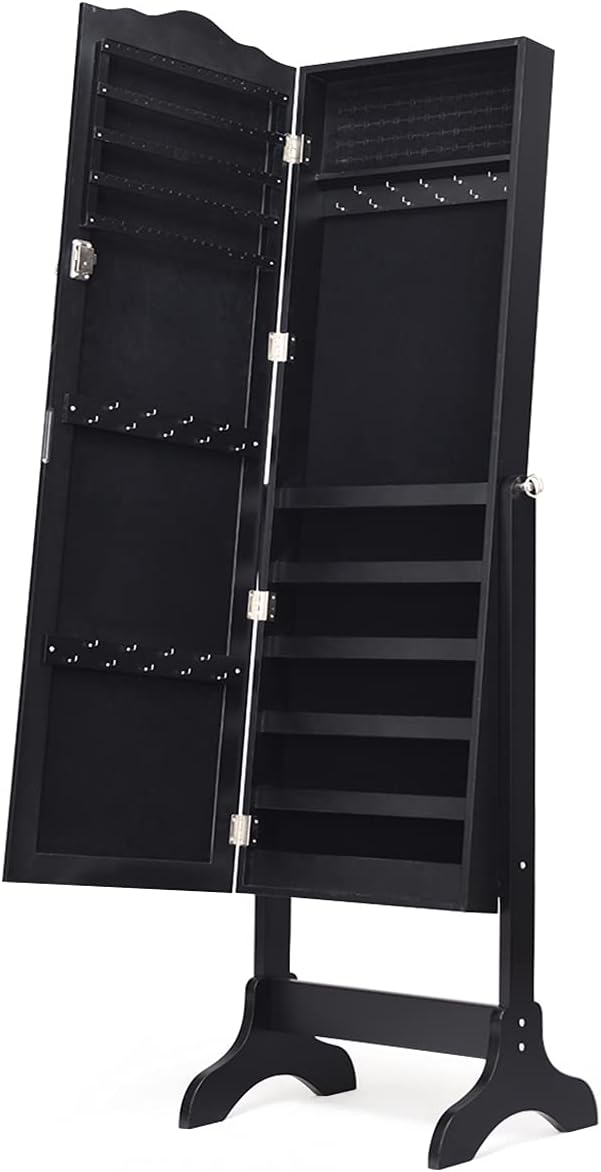 Giantex Jewelry Armoire with Full Length Mirror, Lockable Standing Jewelry Cabinet, Mirror with Jewelry Storage, Ring Earring Necklace Makeup Display, Jewelry Organizer Box for Women Girls, Black