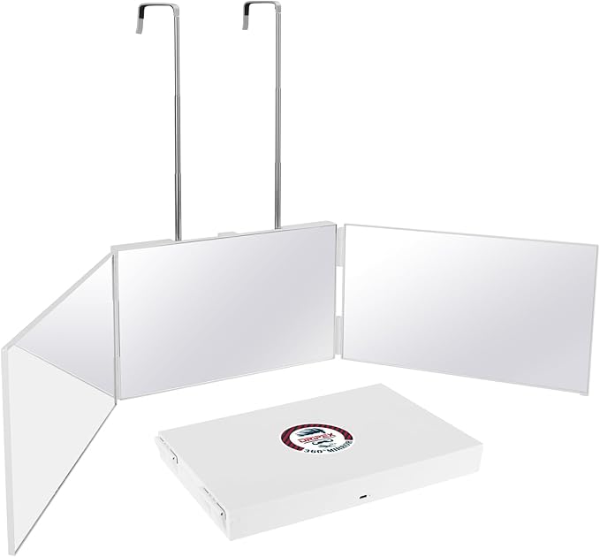 Dripex 3 Way Mirror for Men or Women, 360° Trifold Self Haircut Mirror with Height Adjustable Hooks, for Makeup, Styling, Shaving, Braiding, Dye Hair (White Without Led)