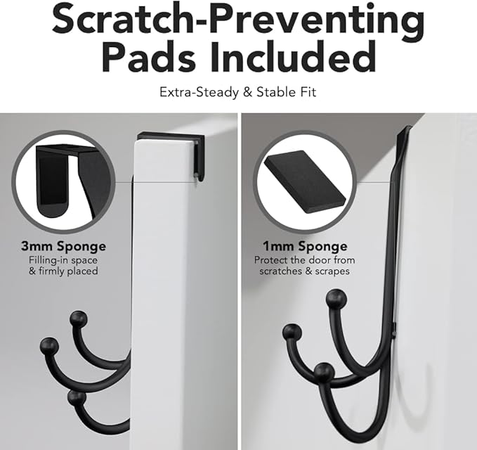 2-Pack Over The Door Hook - with 3 Hang Heads & Snug Fit Pads- 2Pcs Heavy Duty Hooks for Hanging Coats, Towels, Caps & Robes - Elegant Matt Finish - No Drill Hanger Organizer - Black