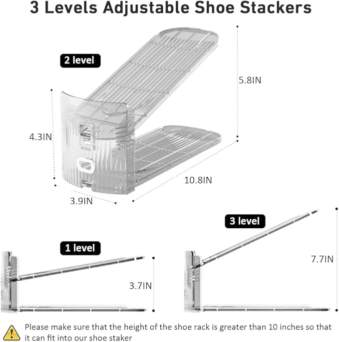 12 Pack Clear Shoe Slots Organizer - Adjustable Height 3.7''to 7.7'' Shoe stackers for a pair of shoes ,Shoe rack storage shoe space saver 50%,Easy to assemble shoe hold shoe organizer for cloest
