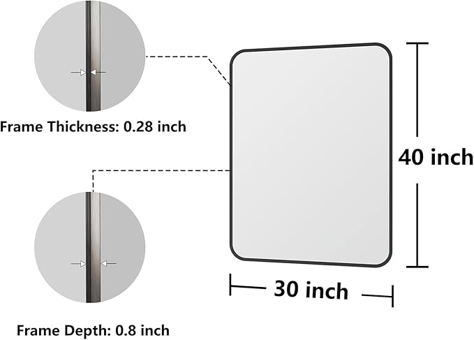 Koonmi Bathroom Mirror, 30X40 Inch Black Metal Framed Mirror for Bathroom, Tempered Glass, Anti-Rust, Rounded Rectangle Mirror for Restroom, Bedroom, Black