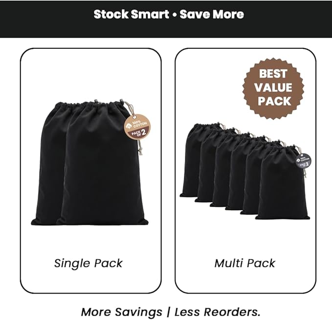 LFH Cotton Shoe Storage Bags with Drawstring, Dustproof Breathable Reusable Organizer, Perfect For Travel, Dorm, Hotel, College, Gym, Easy to Carry, Machine Washable 8"x17" (Pack of 2) - Black sand