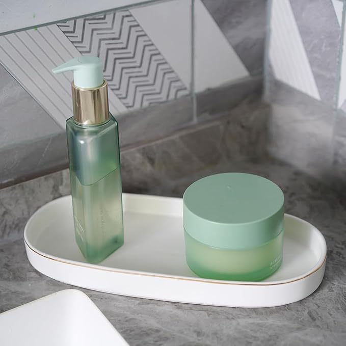 10x5 Bathroom Vanity Tray, Oval Ceramic Decorative Perfume Candle Tray for Bathroom/Kitchen Counter, White
