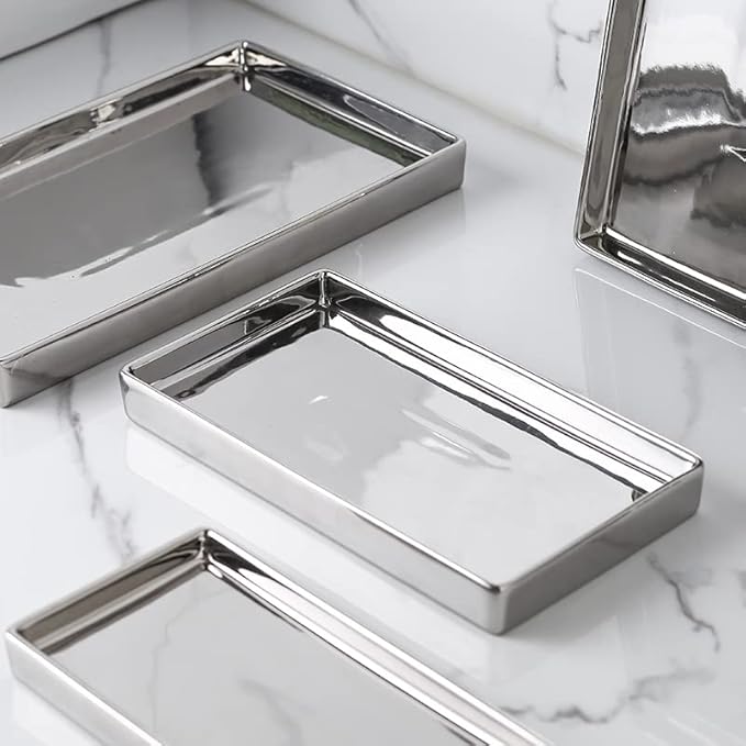 Jewelry Dish Tray Ceramic Trinket Tray Rectangte Vanity Makeup Mirror Tray Silvery