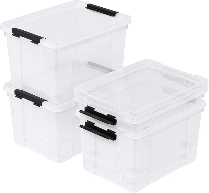 4-Pack 22 Quart Plastic Storage Bins with Lids, Plastic Latching Storage Box with Wheels, Clear