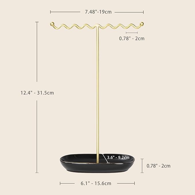 Elegant Jewelry Holder Tree Stand with Ceramic Tray - Metal Necklace Holder Organizer for Rings Bracelets Earrings - Tangle Free, Rustproof Decorative Display for Vanity Dresser Deluxe Black