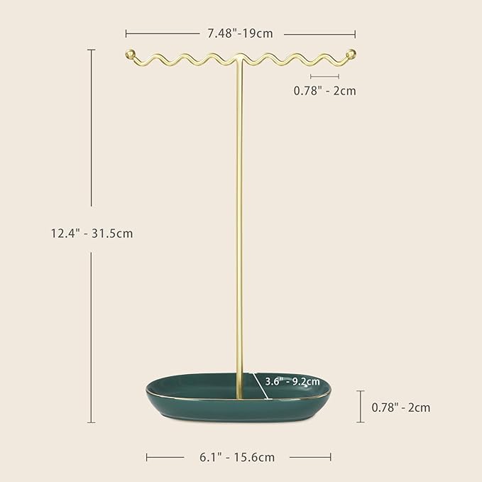 Elegant Jewelry Holder Tree Stand with Ceramic Tray - Metal Necklace Holder Organizer for Rings Bracelets Earrings - Tangle Free, Rustproof Decorative Display for Vanity Dresser Emerald Green