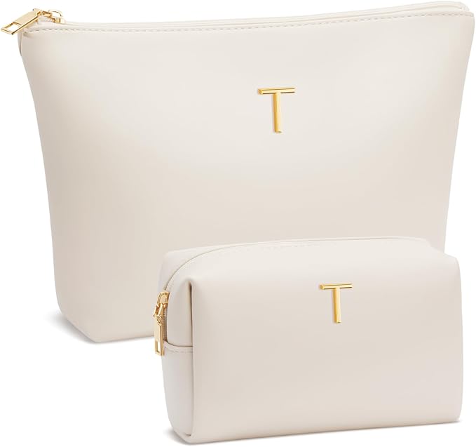 Valentine's Day Gifts for Women Girlfriend Initial Makeup Bag for Teen Girls Personalized Gifts for Friend Teacher Mom Wife Cosmetic Travel Toiletry Bag(Beige,T)