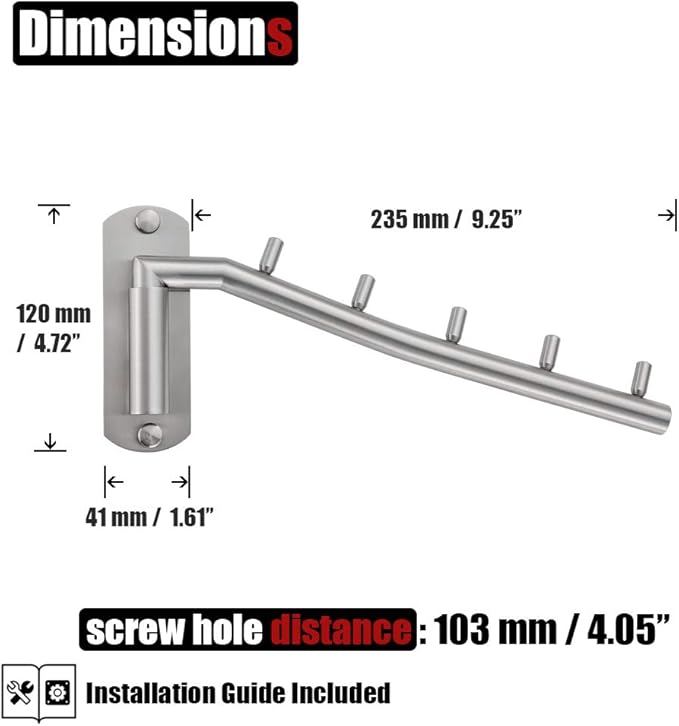 JQK Folding Clothes Hanger Rack, Stainless Steel Swing Arm Hook Holder, Clothing Hanging System Drying Closet Storage Organizer Brushed Finished Wall Mount 2 Pack, SHR100-BN-P2