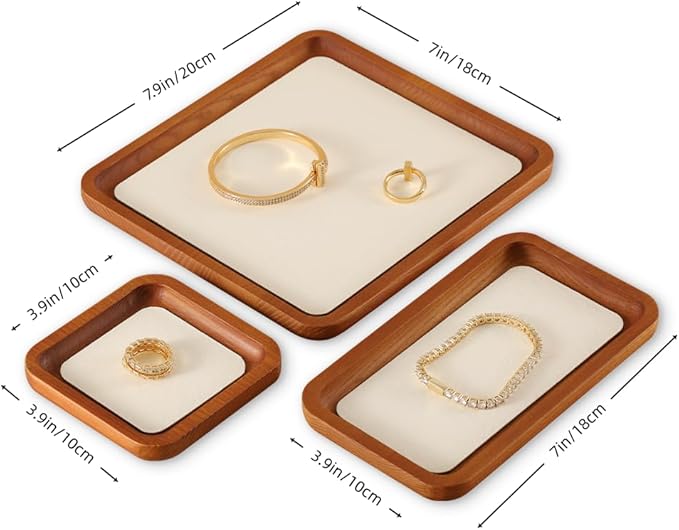 Wooden Jewelry Display Tray Rounded Rectangle Ring Showcase Stackable Elegant Bracelet Watch Jewelry Organizer for Personal Use and Commerce (Old Lace, Small-W 3.9'' x H 0.6'' x L 3.9'')