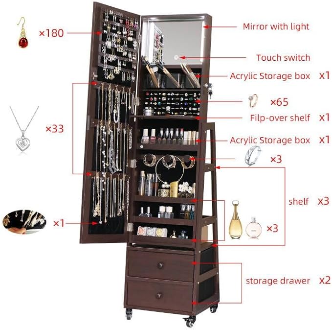Rotating Standing Jewelry Cabinet with Lockable,Full Length Mirror with Storage Large Capacity Jewelry Organizer Armoire Floor Mirror with Back Storage Shelves for Bedroom Christmas Gifts Brown