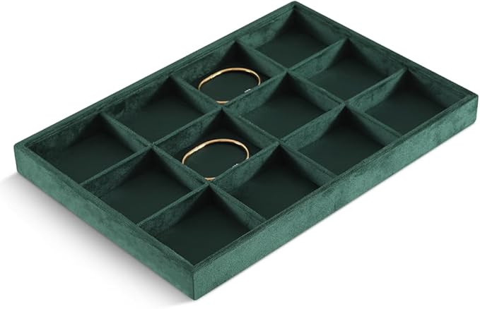 Velvet Stackable Jewelry Display Tray, 12 Grid Watch Bangle Bracelet Storage Tray, Makeup Drawer Insert Jewelry Shop Organizer Plate (Green)