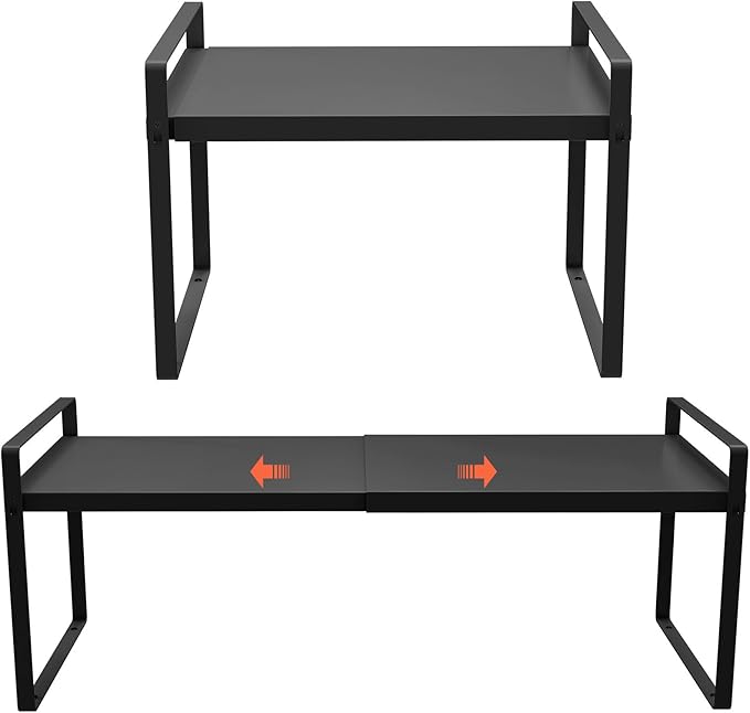 (2-Pack) 11" Cabinet Shelf Organizer Set, 14"~25" Expandable Shelves for Kitchen Cabinets & Cupboards, Perfect for Dishes, or Small Appliance Storage